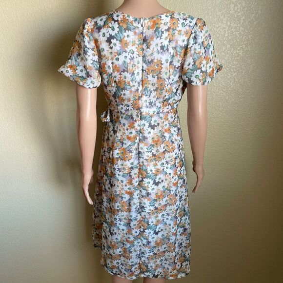 Mango Floral Puff Sleeve Side Tie MIDI Dress - Picture 5 of 9
